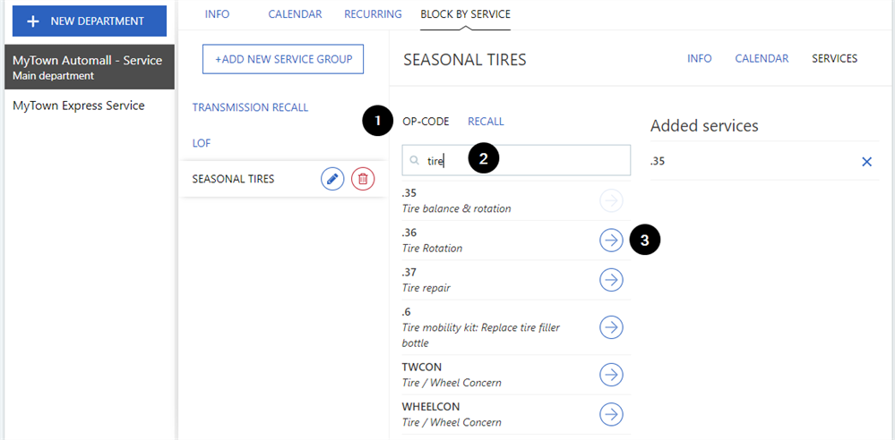 Departments – Block by Service tab