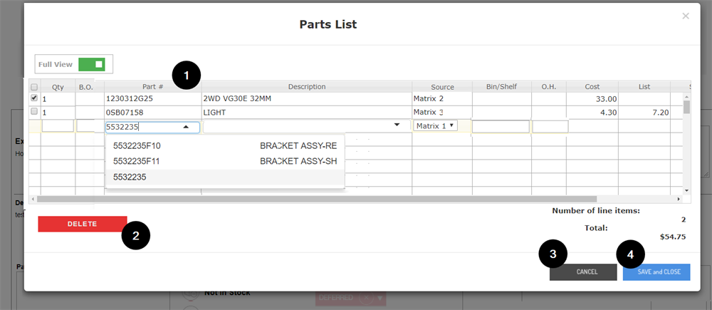 Completing the parts request